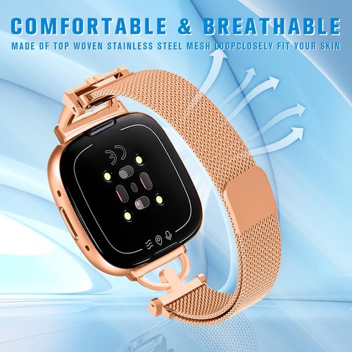 HAYONLIY Magnetic Bands Compatible for Fitbit Versa 4/Fitbit Versa 3/Fitbit Sense 2/Fitbit Sense, Mesh Stainless Steel Thin Strap, Adjustable Replacement Wristband for Women Dressy Rose Gold