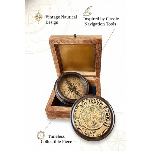 Smizzy Brass Engraved Nautical Scout Compass Gift Boys - Engraved Scout Oath Compass in Wood Box Scout Always Prepared Camping Orienteering, Hiking Backpacking Gift