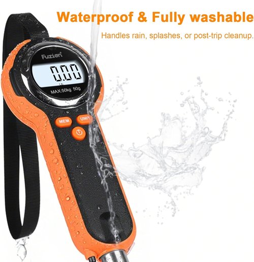 Fuzion Professional Fishing Scale - 110lb Waterproof Capacity, Night Light & Memory | Portable Weigh Kit with Lip Gripper, Batteries & Pouch
