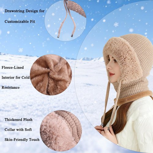 3 in 1 Beanie Hat with Scarf and Mask, Women’s Plush-Lined Winter Balaclava, Wind-Resistant Knitted Hooded Scarf & Ski Mask Set for Cold Weather (Khaki)