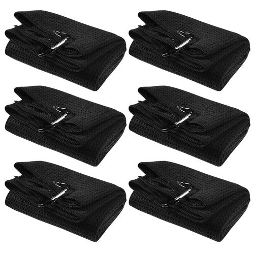Cindeer 6 Pack Large Golf Towels, 16" x 24" Tri-fold Golf Towels, Microfiber Fabric Waffle Pattern Golfing Towel Portable with Heavy Duty Clip for Golfing Bag Remove Sand Dirt Mud Sweat(Black)