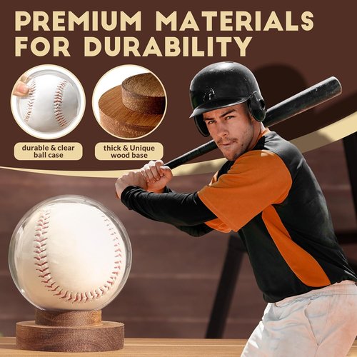 JupDec Baseball Display Case - Round Clear Ball Holder with Wooden Base | Acacia Wood, Brown