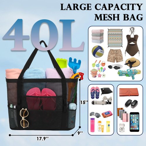 Fammart Mesh Beach Bag - Large Tote with Zipper Pocket for Family Travel & Pool Essentials