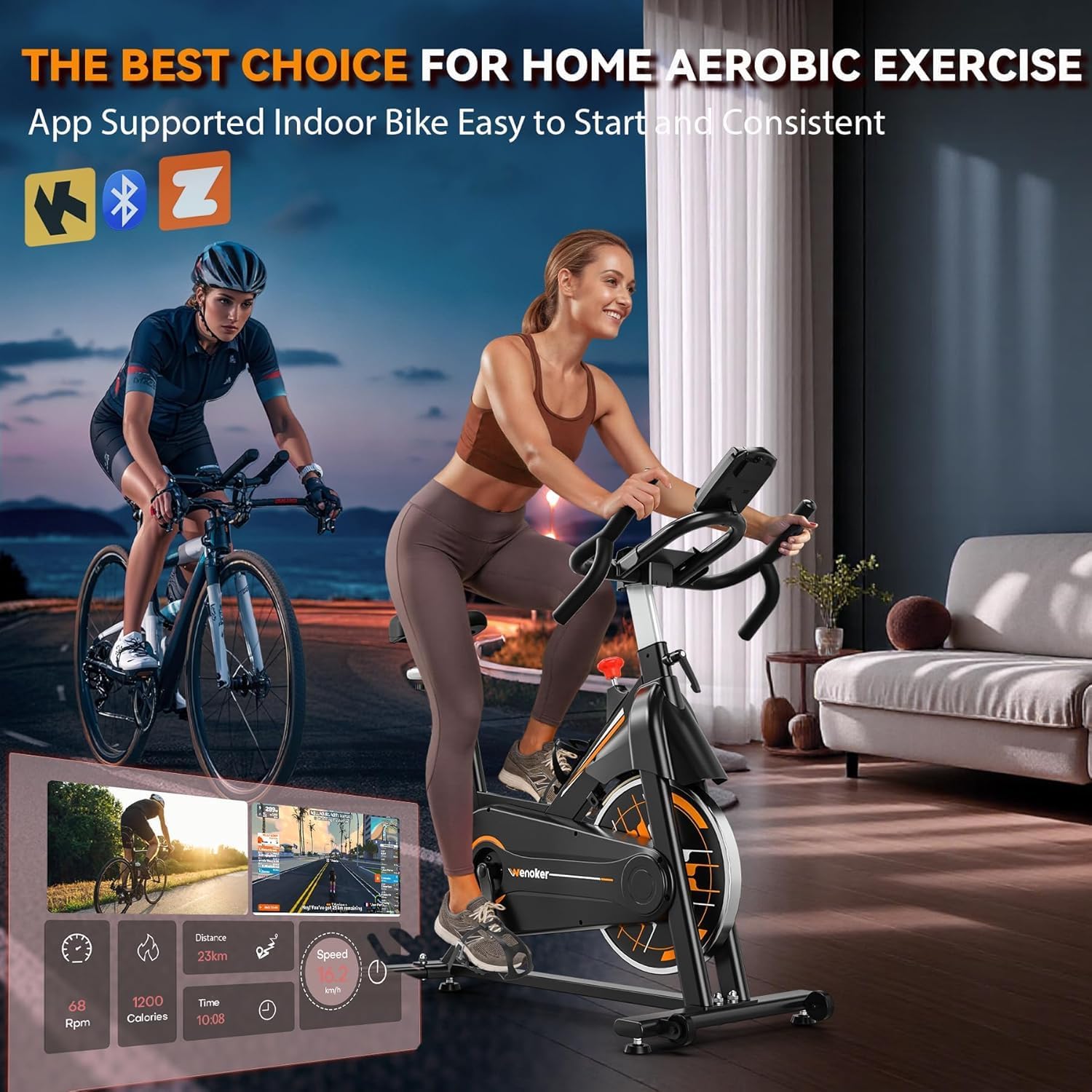 Wenoker Exercise Bike - App Sync Indoor Stationary Bike with Adjustable Seat & Multi-Grip Handlebars | Ideal for Weight Loss