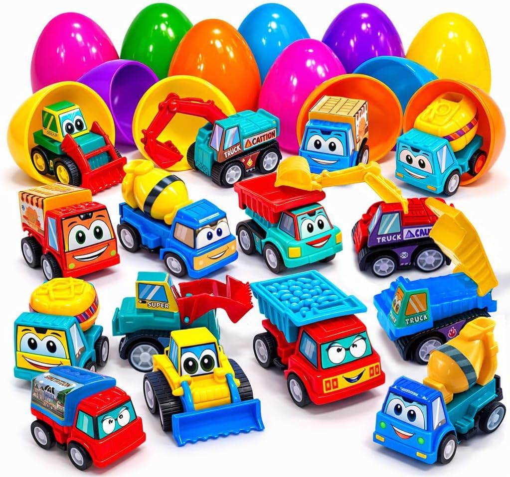 stargo 8 Pack Colorful Prefilled Easter Eggs Bulk with Toys - Mini Car Set Construction Engineering Vehicles Pull-Back Cars. Plastic Easter Eggs Filled, Basket Fillers, Party Favors, Boys Goodie Bags