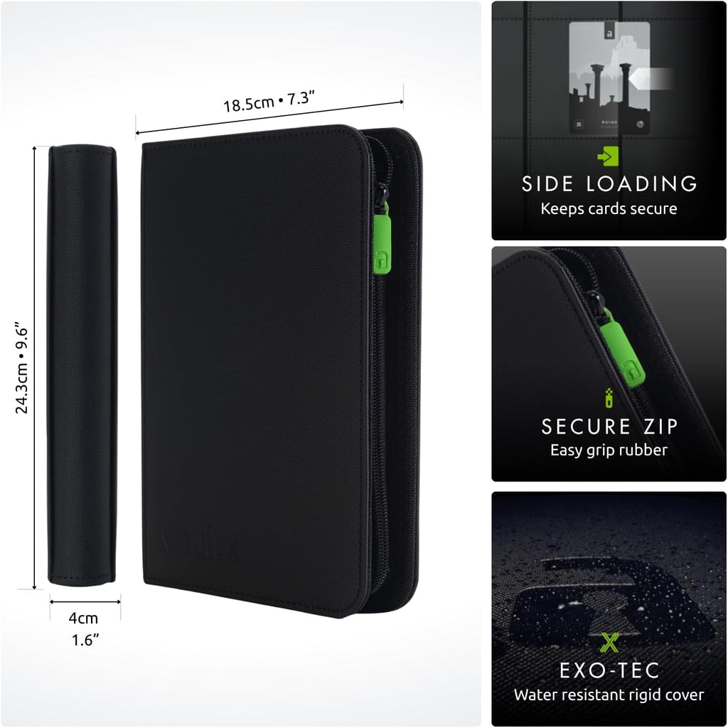 Vault X 4 Pocket Trading Card Zip Binder - Holds 160 Cards | Premium Exo-Tec Material, Black