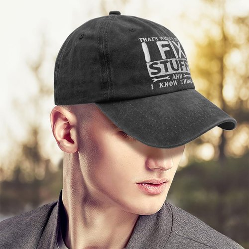 for Dad Men Embroidered I Fix Stuff and I Know Things Washed Cowboy Hat Retro Adjustable Birthday for Him Grandpa Uncle Brother Husband