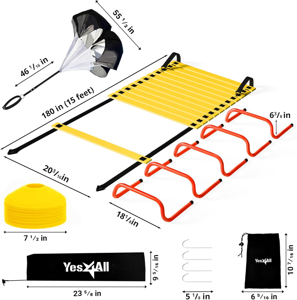 Yes4All Agility Ladder Set - Speed Training Equipment with Adjustable Ladder, Cones, Hurdles & Parachute