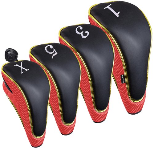 Andux 4Pcs/Set Gold Golf 460cc Driver Fairway Wood Club Head Covers Hook & Loop Red