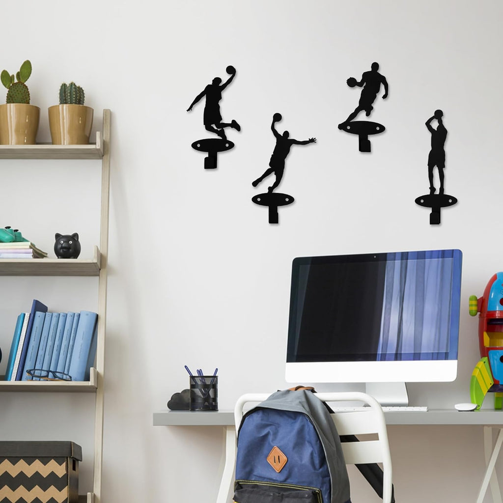 Xedatric Basketball Players Coat Hooks - 4 Piece Slam Dunk Silhouette Wall Mounted Metal Hangers for Teen Boys' Room Decor