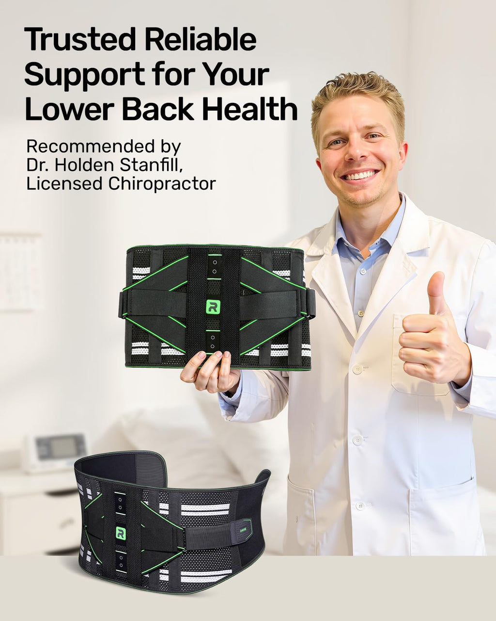 Rakiie Back Brace for Lower Back Pain Relief, 8 Stays Powerful Lumbar Support for Men Women, Back Support Belt with 3D Pad, Breathable Back Support Brace with Adjustable Strap for Herniated Disc, Sciatica, Green Size M