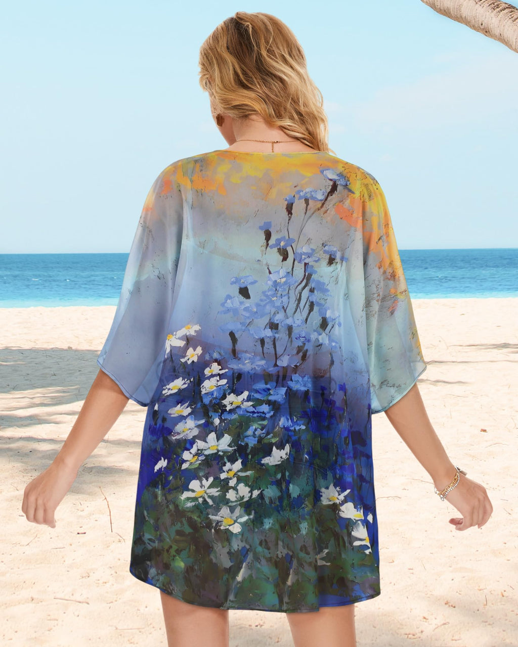 Womens Casual Tops Bathing Suit Cover Up Summer Kimono Cardigan Hawaiian Shirts (Sunset and Flowers, L)