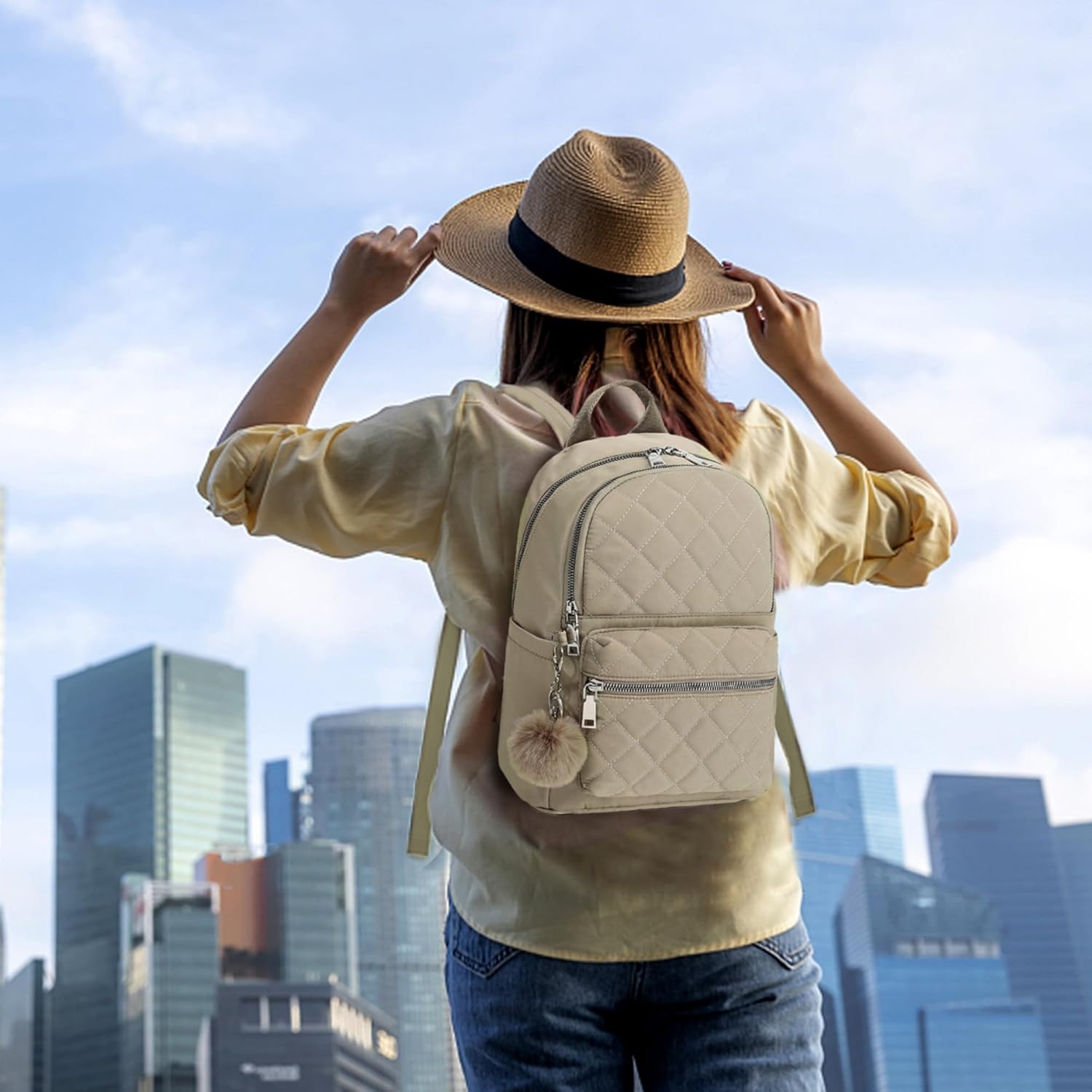 TANTOMI Mini Backpack Purse - Lightweight Travel Bag for Women with Pom Detail | Stylish & Compact