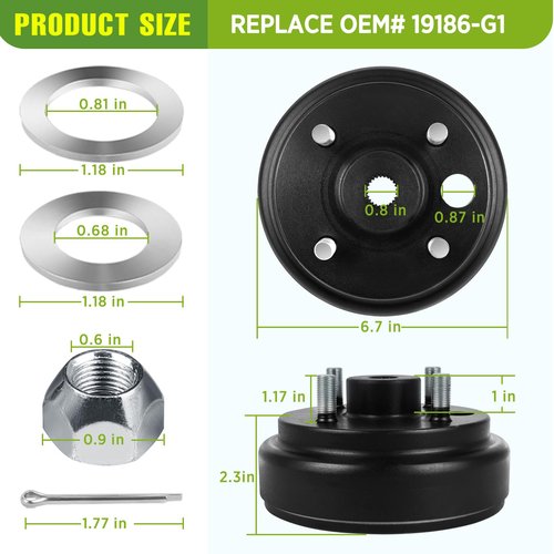 Golf Cart Brake Drum Hub Assembly for EZGO TXT 1982-up Electric Vehicles and 1982-1993 2-Cycle Gas Vehicles, 24 Tooth Star Spline Drums, Replace OEM# 19186G1P 19186-G1, 2 Pcs