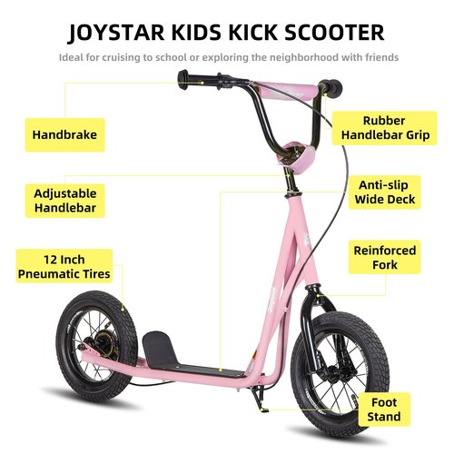 JOYSTAR Kick Scooter for Ages 5-9 Years Old Boys Girls, 12 Inch Big Wheels Scooters for Kids, Teens and Adults, Adjustable Handlebar, Kids Scooter, Pink