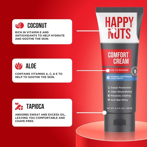 Happy Nuts Comfort Cream Deodorant - Aluminum-Free Anti-Chafing & Odor Control for Men | 3.4 Fl Oz, Morning Driftwood