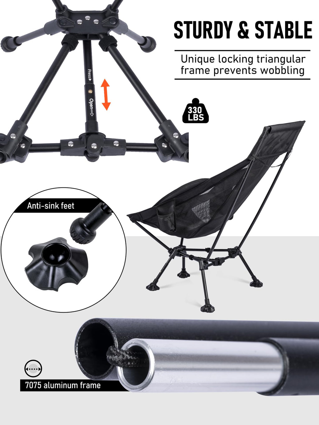 WildCall Lightweight Folding High Back Camping Chair with Head Support, Compact Beach Chair with Anti-Sinking Large Feet and Three Tilt Angles Adjustment