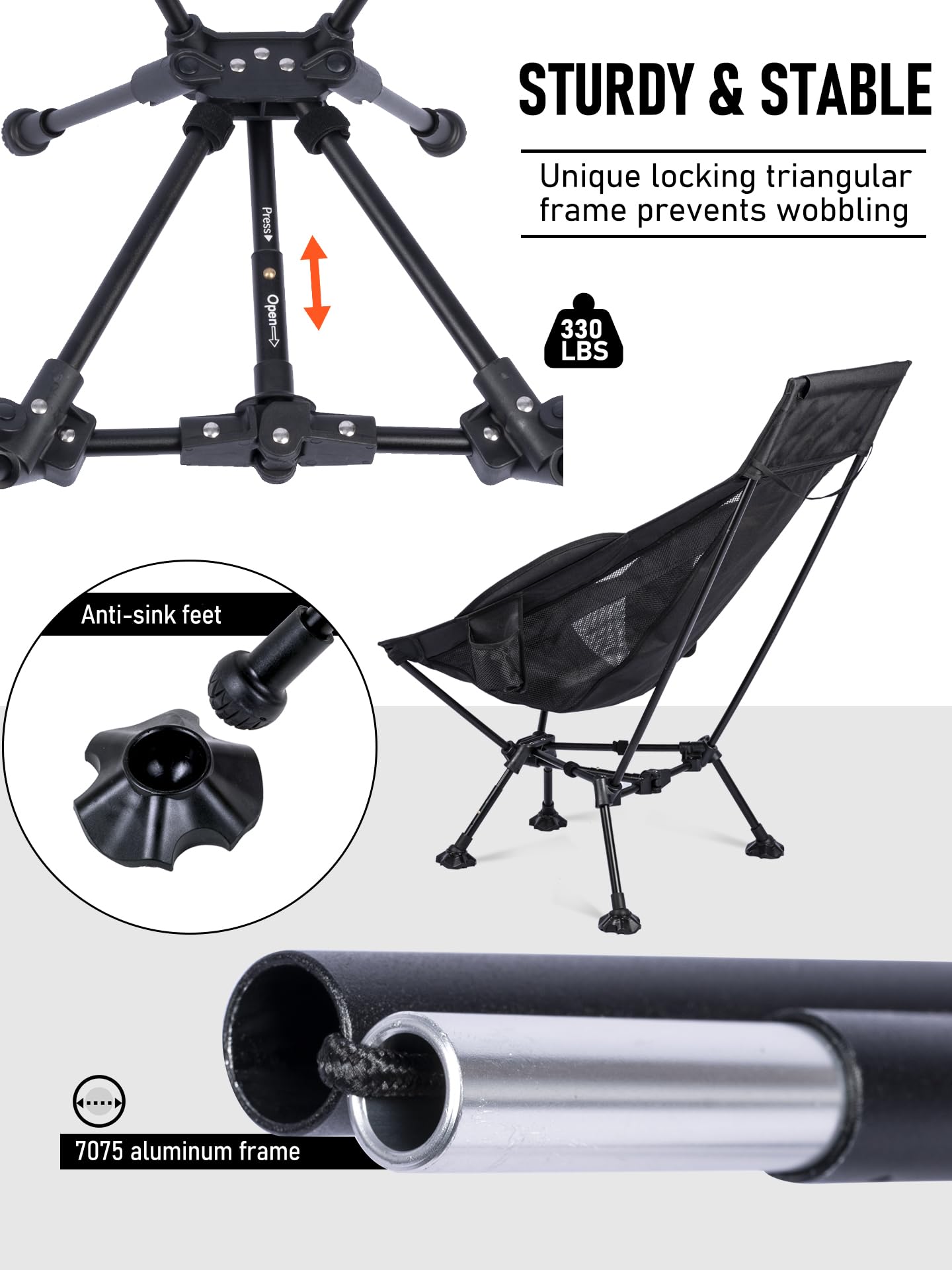 WildCall Lightweight Folding High Back Camping Chair with Head Support, Compact Beach Chair with Anti-Sinking Large Feet and Three Tilt Angles Adjustment