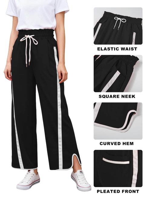 Enaisyl Women's High Waist Wide Leg Pants Striped Elastic Waist Track Pants Y2K Lightweight Baggy Streetwear with Pockets Black