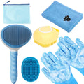 Skiennix Bath Grooming Kit - 6-in-1 Slicker Brush, Towel & Scrubber Gloves for Shedding Dogs & Cats | Blue