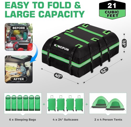 Kingfun Rooftop Cargo Carrier - Waterproof 21 Cubic Feet Roof Bag for All Vehicles | Includes Anti-Slip Mat & Straps