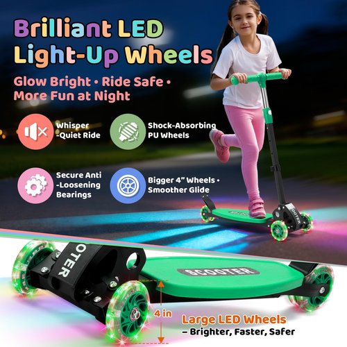 Kick Scooter for Kids Age 3-7 8-12, Light Up 3 Wheeled Scooters,Lean-to-Steer,Three Adjustable Height Scooter for Kids, Foldable,Safe Stable Ride for Girl Boy Kid up to 170 LB - Green