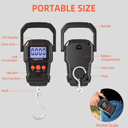 MEIYA Digital Fish Scale - Accurate LCD Display Up to 110lb/50kg | Essential Fishing Gear with Batteries & Hook