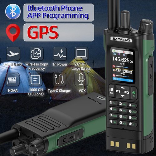 BAOFENG UV-32 10W High Power Long Range Walkie Talkie Bluetooth Programming Multi Band Rechargeable GPS Type-C 1000CH Two Way Ham Radio With 771 and Telescopic Antenna for Family Hunting Hiking