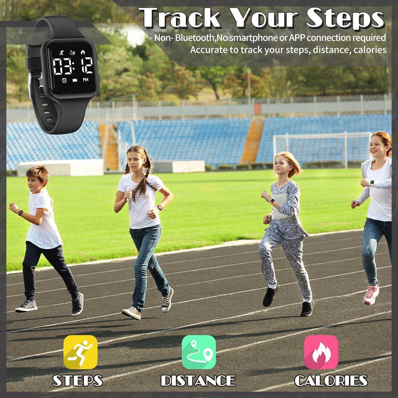 Skiennix Children's Fitness Tracker Watch - Waterproof Digital Step Counter with Pedometer & Alarm (Black)