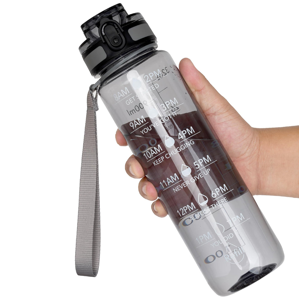 OLDLEY Water Bottle, 32oz Motivational Sports Water Bottle with Time Marker - Times to Drink - Tritan, BPA Free, Wide Mouth Leakproof,Anniversary Birthday Gifts for Men Women,Smoke Grey (1 Bottle)