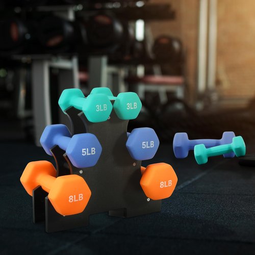 Fitvids Colored Neoprene Dumbbell Set with Rack, 32LB Set: 3/5/8LB Pairs, Color Series