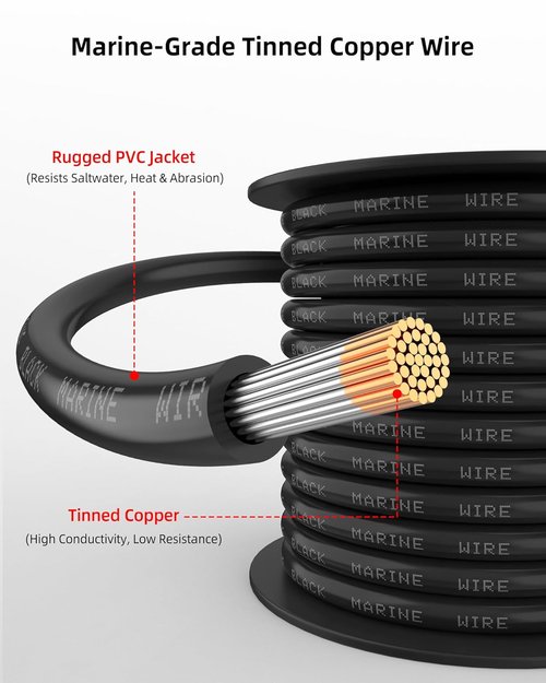 NAOEVO 16 Gauge Marine Wire - Tinned Copper PVC Electrical Cable | IP68 Waterproof, Corrosion-Resistant, 60 ft Total (30 ft Black + 30 ft Red)