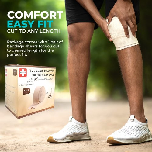 Tubular Compression Bandage Size F (4” x 33 ft) – Elastic Stockinette Support Sleeve for Large Knee, Thigh, Leg & Arm – Cut-to-Fit, Washable Reusable, No Pins/Tape – Includes Bandage Medical Scissors