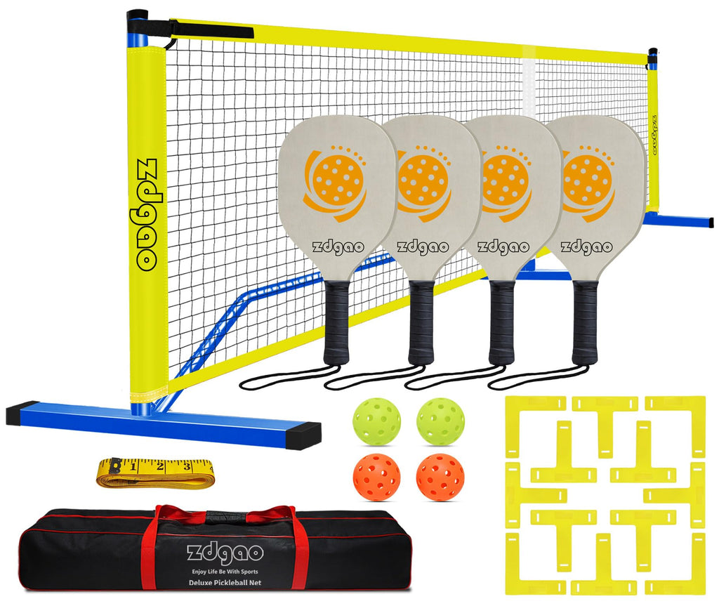 Zdgao Pickleball Nets Portable Outdoor Pickle Ball Set with 4 Wooden Pickleball Paddles, 4 Pickle Balls and Court Marking Kit, Regulation Size Pickleball Net with Carrying Bag for Backyard, Driveway