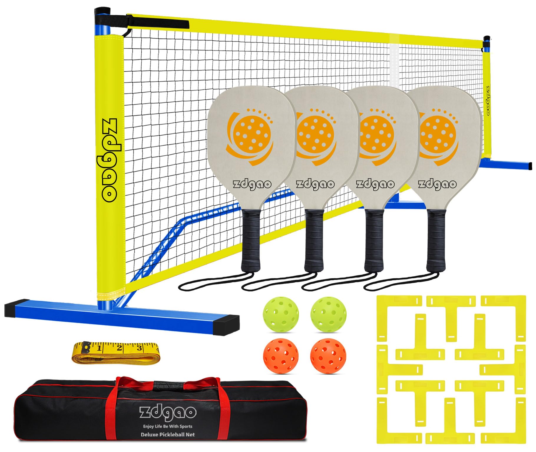 Zdgao Pickleball Nets Portable Outdoor Pickle Ball Set with 4 Wooden Pickleball Paddles, 4 Pickle Balls and Court Marking Kit, Regulation Size Pickleball Net with Carrying Bag for Backyard, Driveway