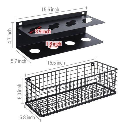 MyGift 16.5 Inch Black Metal Pickleball Paddle Rack and Ball Storage, Wall Mounted or Fence Hanging Equipment Organizer with Racket Holder and Basket for Balls