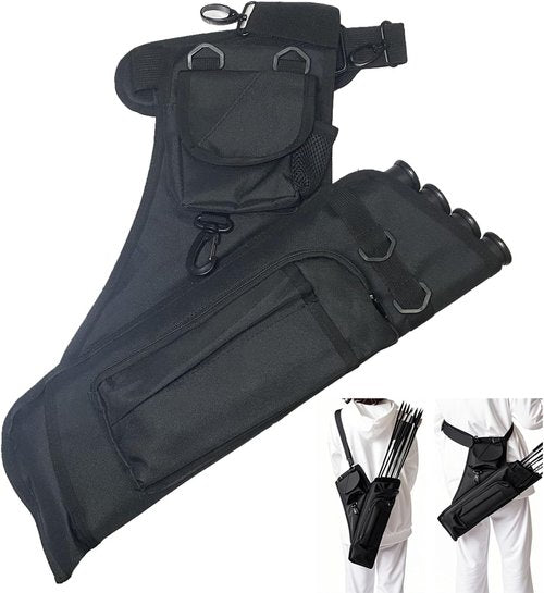 Archery Hip Quiver - 4 Arrow Tubes, Accessory Pockets & Adjustable Waist Belt for Comfort