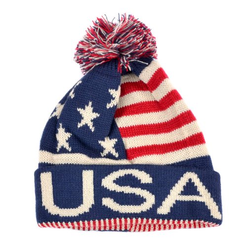 Selini New York USA Winter Hat - Knit, Cuffed Beanie with Pom Pom, USA Flag Design, Warm Fun for Cold Days
