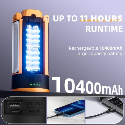 T-SUN Rechargeable Camping Light with Stand, 10400mAh LED Work Light 4100 Lumens with 4 LED Lamp Heads, Portable Work Light with Detachable Tripod 67" Max Height (Orange)