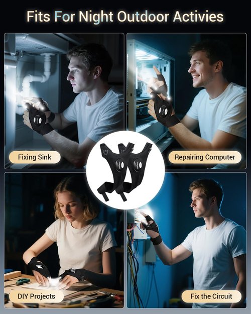 ThxToms LED Flashlight Gloves, Gifts for Him Men Boyfriend Husband, Mens Gifts for Fathers Day Christmas Birthday, Cool Gadgets Tools for Fishing, Repairing, Camping, 1 Pair Black