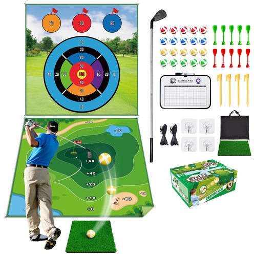 LINKET Golf Mat, 70"x70" Double-Sided 2in1 Golf Hitting Mat, Portable Golf Game for Chipping Practice for Dads & Junior Golfers - Golf Mats with 20 Sticky Balls & Golf Turf Mat for Indoor and Outdoor