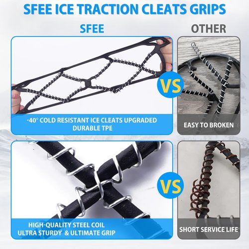 Sfee 2 Pairs Ice Cleats Ice Grippers for Shoes and Boots, Crampons Traction Cleats for Walking on Snow and Ice Anti-Slip Flexible Footwear Snow Grips for Walking Climbing Hiking Jogging with 4 Straps