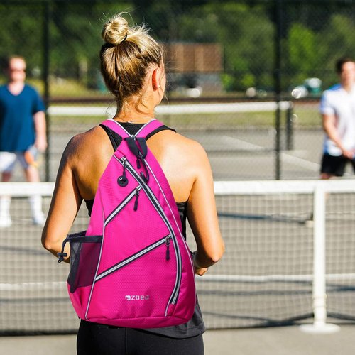 ZOEA Pickleball Bag, Sport Pickleball Sling Bag for Women Man, Adjustable Pickleball Backpack with Water Bottle Holder, Fits 4 Paddles and All Your Other Gear (Rose Red)