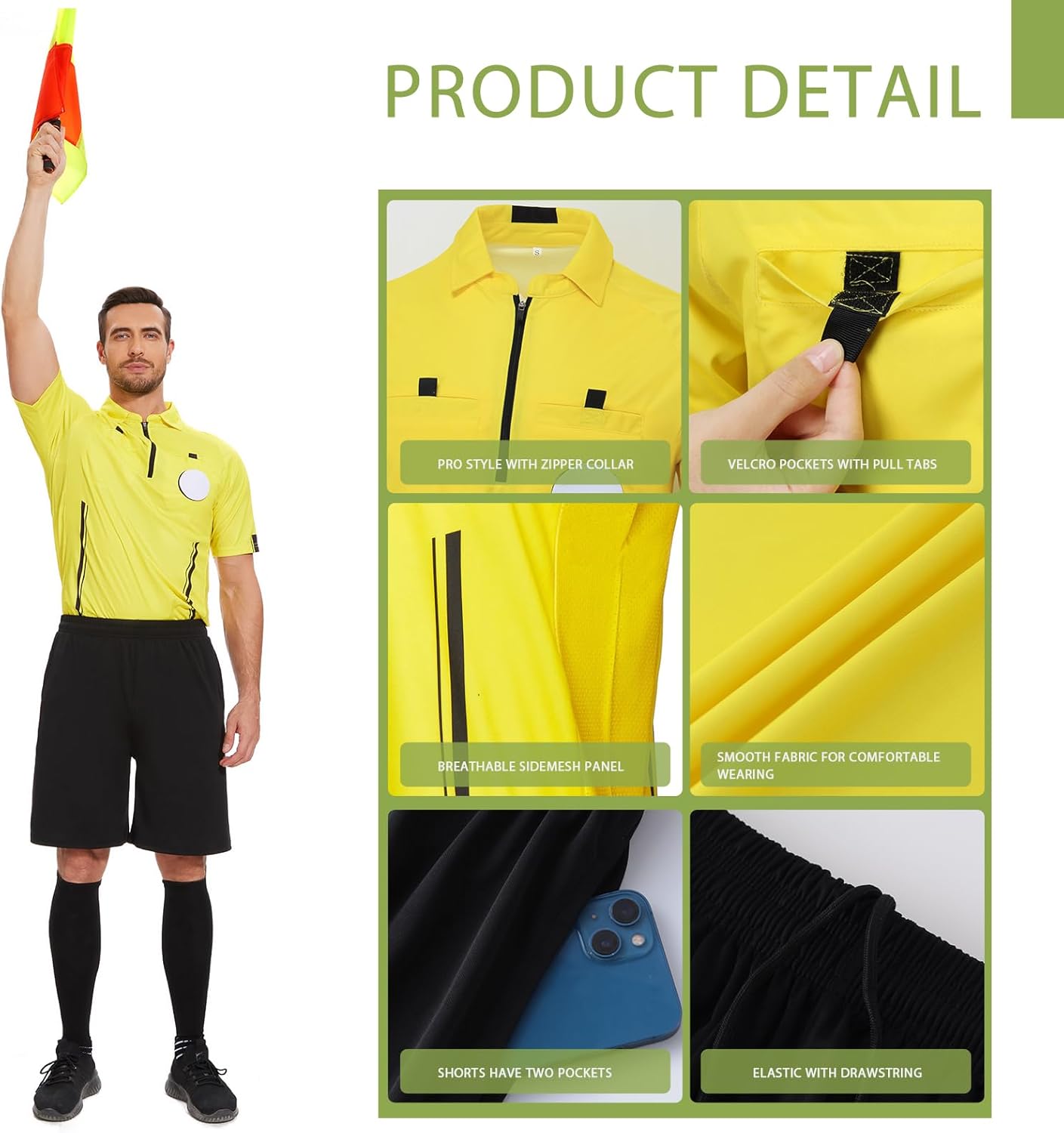 Redgino Soccer Referee Kit - Pro Jersey, Shorts, Whistle, Socks & Flags | Complete Umpire Uniform for Adults & Teens
