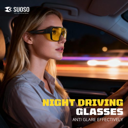 suoso Night Vision Driving Glasses Fit Over Eyeglasses – Polarized Anti-Glare Yellow Lens Nighttime Glasses for Men & Women