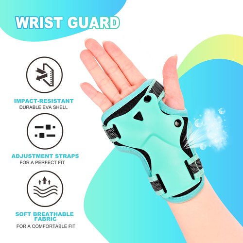2PM SPORTS Knee Pads for Kids, Wrist Guards Knee and Elbow Pads Set with Drawstring Bag, Protective Gear Set for Girls Boys Roller Skating Cycling Skateboard - Mint Medium