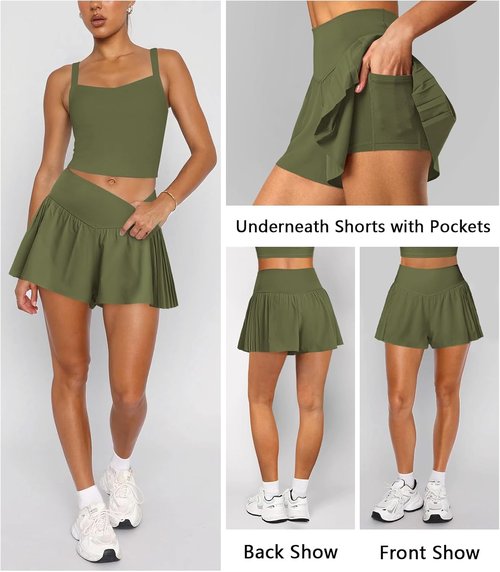 Hragc Athletic Running Shorts - Women's Flowy Butterfly Crossover Workout Skort with Pocket | Gym & Tennis