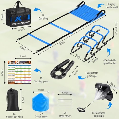 Agility Ladder Set - 20ft Speed Ladder with 4 Hurdles, Parachute, 12 Cones & Jump Rope | Enhance Agility & Speed for Kids and Adults