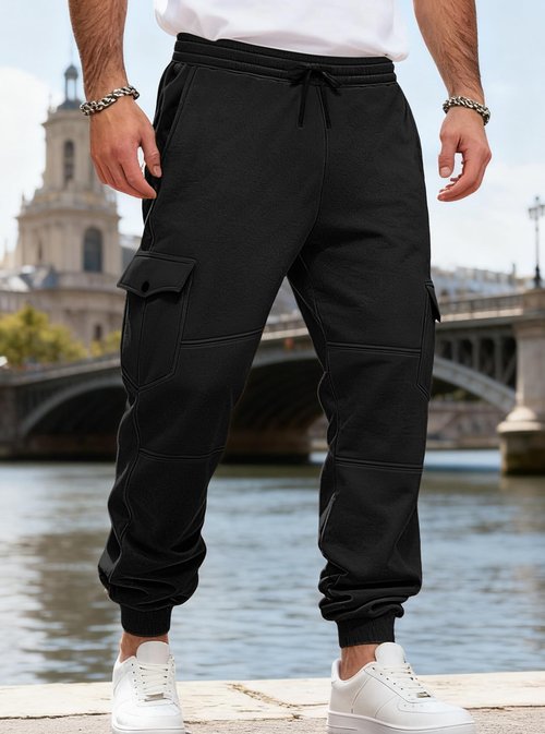 QOSOQ Men's Casual Cargo Sweatpants Fleece Lined Workout Joggers Athletic Drawstring Pants with Multi Pockets Black
