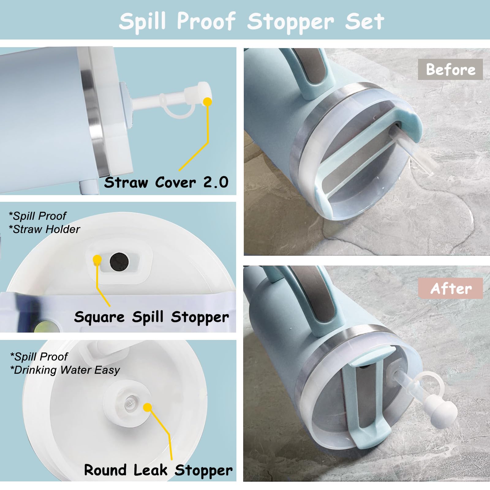 Stanley Cup Accessories Set,Including 2 Pcs 0.4in Straw Cover, 1 Silicone Spill-Proof Stopper Set of 3, 1 Cute Flower Handle Charm, 1 Silicone Boot Fits Stanley 40&30 Oz Tumbler (Blue)